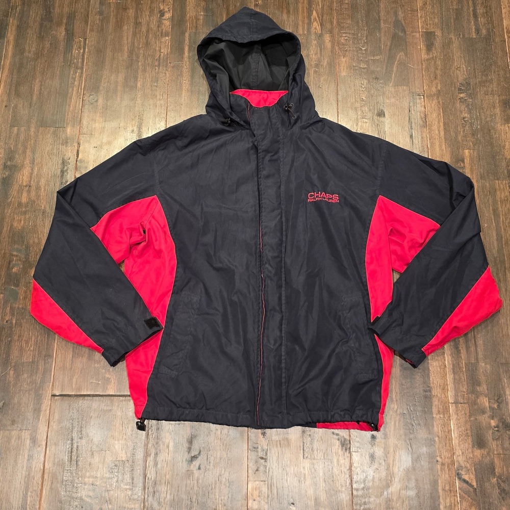 Chaps Ralph Lauren Hooded Jacket Black Red Windbreaker Zip Up Mens XL Logo